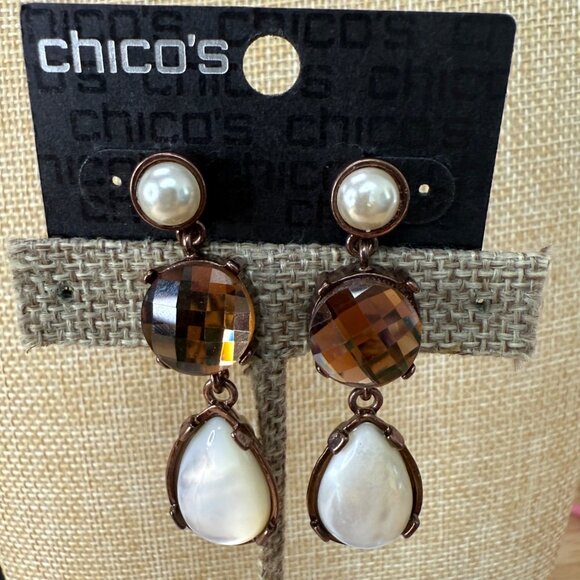 Chicos Brown Queens Royal Jewels Dangle Earrings With Faux Pearls & Faceted Gems - Picture 1 of 11